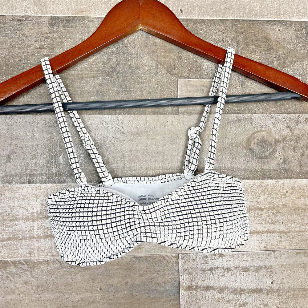 Aerie Bikini Top Bandeau Textured Ribbed Striped White‎ Gold Black Size XS